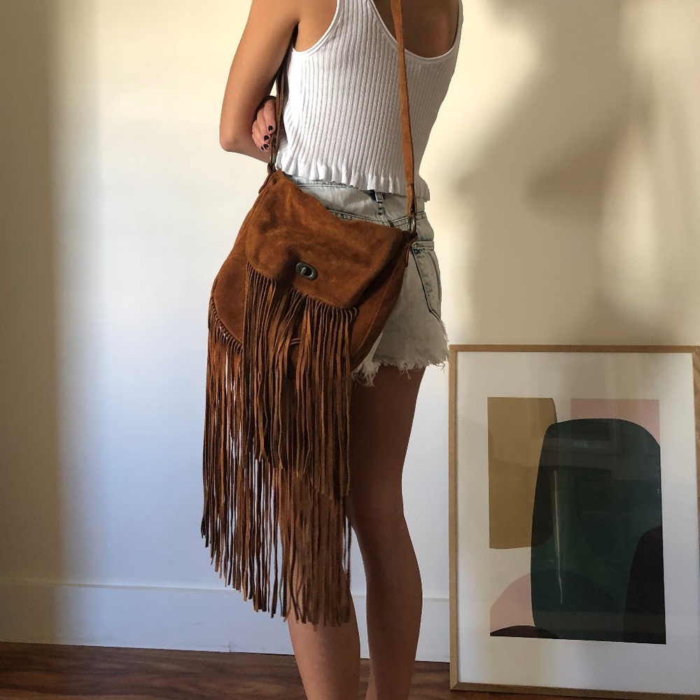 Urban Outfitters Tan Suede Fringe Crossbody Bag